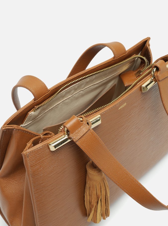 Bolsa Shopping Marrom Couro Grande Metal Barbicacho