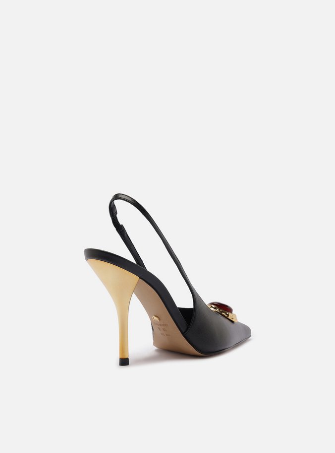 Scarpin Preto Couro Salto Alto Slingback Pedraria