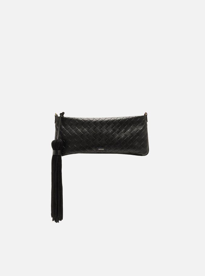 Bolsa Clutch Preta Couro Pequena Tressê Franja