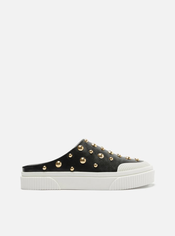 Tênis Mule Slip On Preto Couro Studs Miley