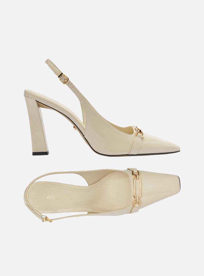 Scarpin Branco Verniz Salto Alto Slingback Metal