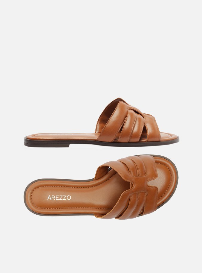 Rasteira Marrom Couro Flat Tira Vazada Puffer