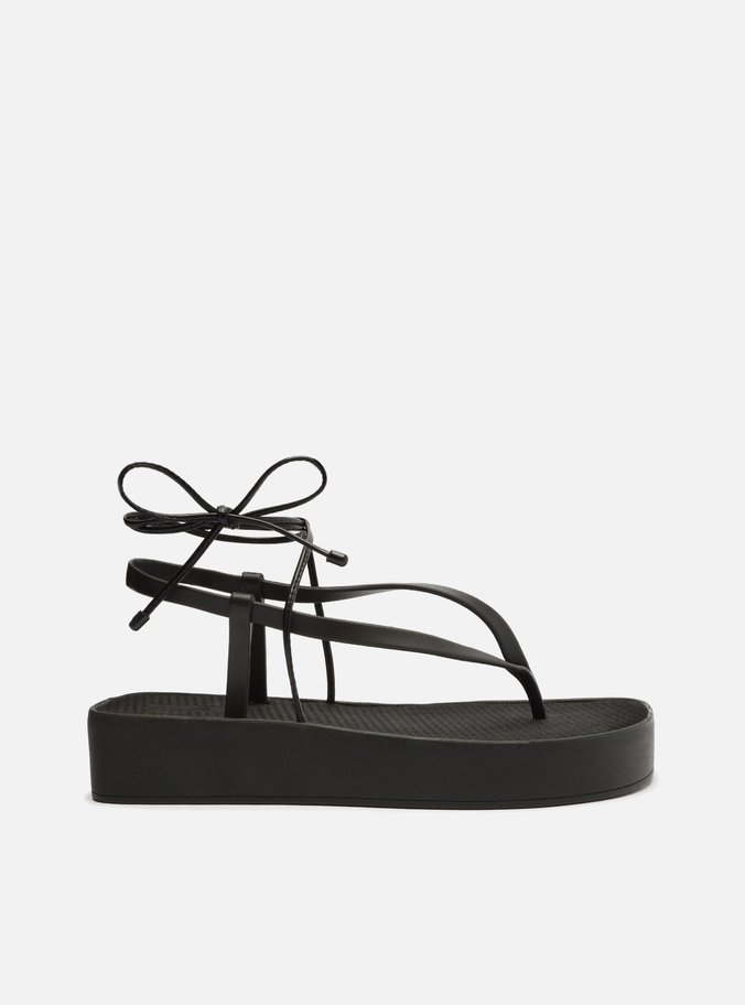 Sandália Preta Flatform Amarração Bela