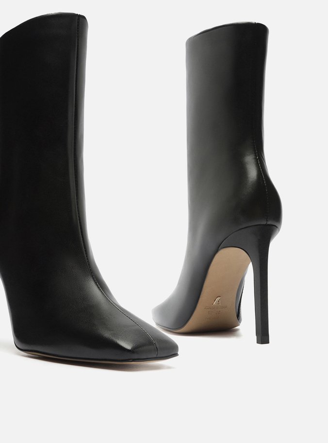 Bota Preta Couro Cano Médio Bico Quadrado