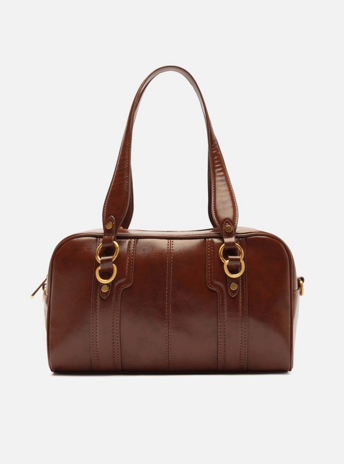 Bolsa Bowling Marrom Média Metais Dourados