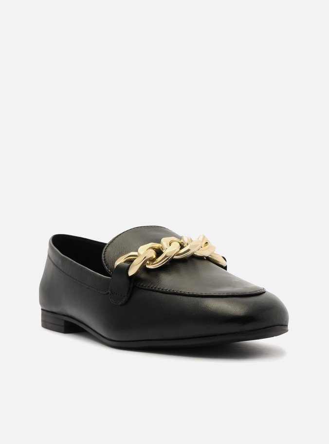 Mocassim Preto Couro Bico Redondo Corrente