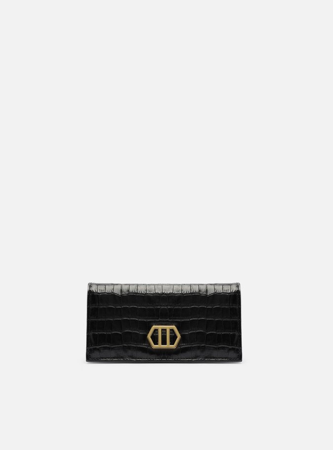 Clutch Preta Couro Croco Pequena Metal