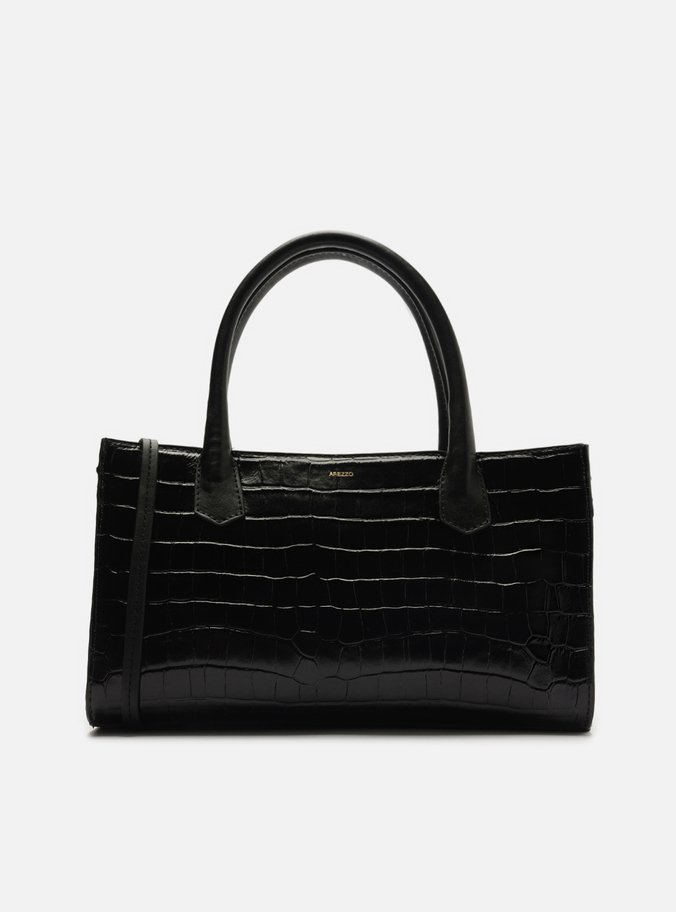 Bolsa Tote Preta Couro Croco Grande Ganchos