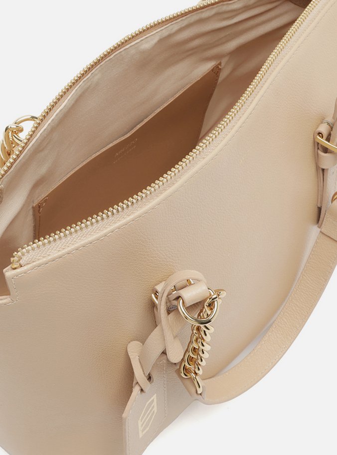 Bolsa Tote Bege Couro Grande Alça Corrente