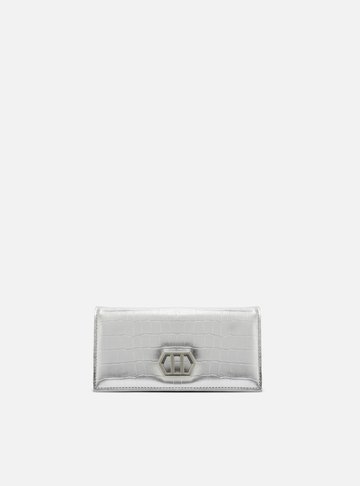 Clutch Prata Couro Croco Pequena Metal
