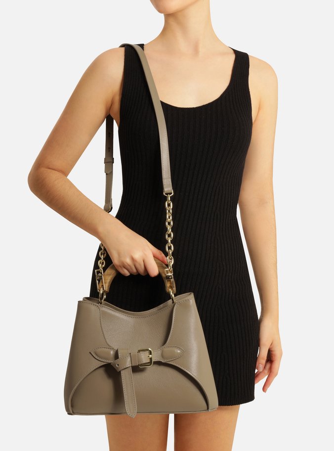 Bolsa Tote Cinza Couro Média Alça Madeira