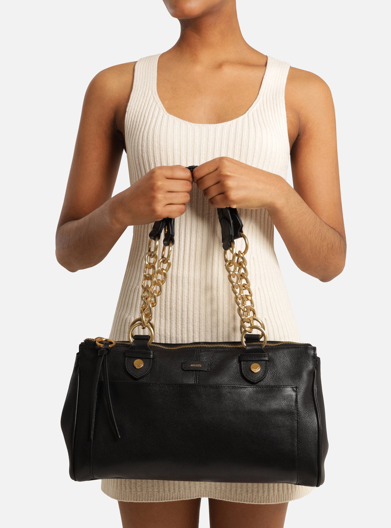 Bolsa Tote Preta Couro Grande Alças Bolso — foto 6