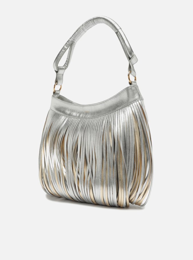 Bolsa Hobo Prata Couro Média Franjas Metalizada