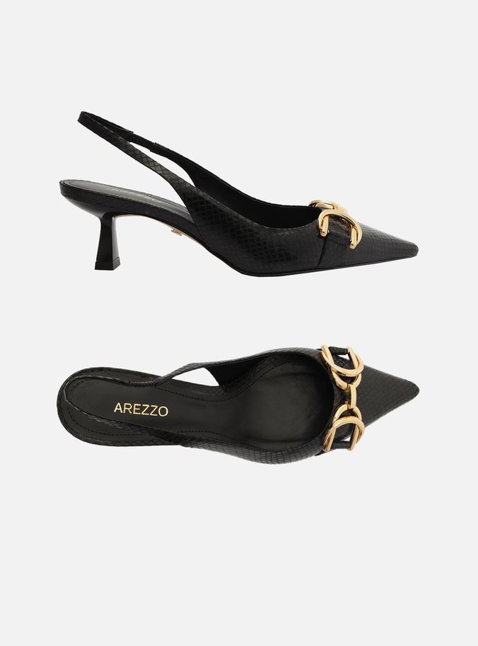 Scarpin Preto Snake Bico Fino Slingback Bridão