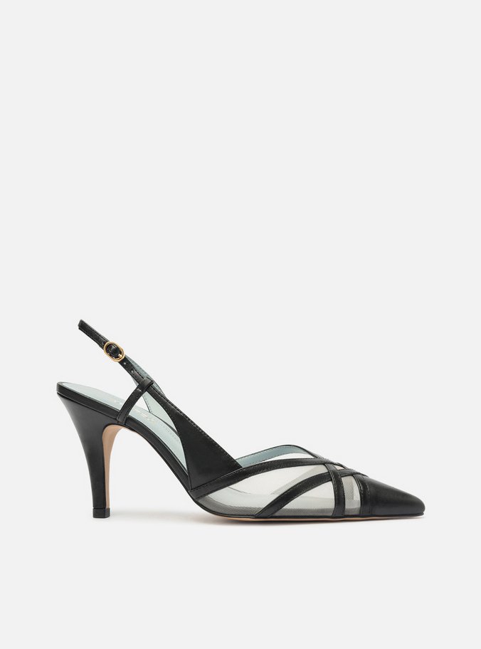 Scarpin Preto Couro Tela Salto Médio Fivela