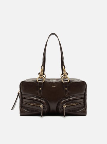 Bolsa Bowling Marrom Couro Verniz Média Bolsos
