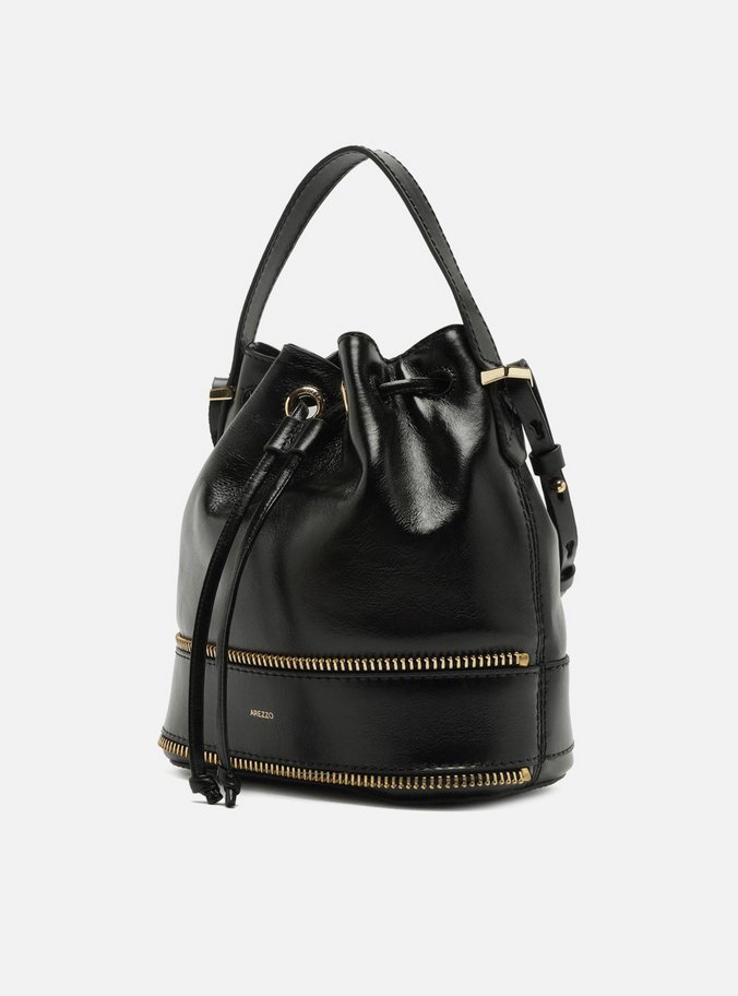 Bolsa Bucket Preta Couro Média Zíper