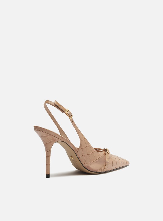 Scarpin Rosa Croco Salto Alto Slingback Tela