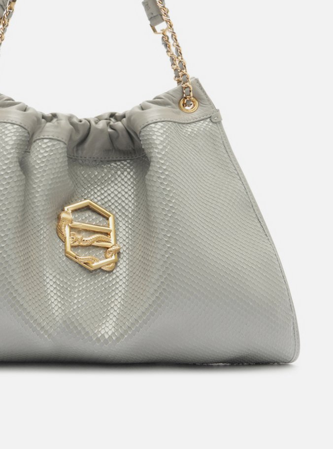 Bolsa Hobo Cinza Couro Snake Grande