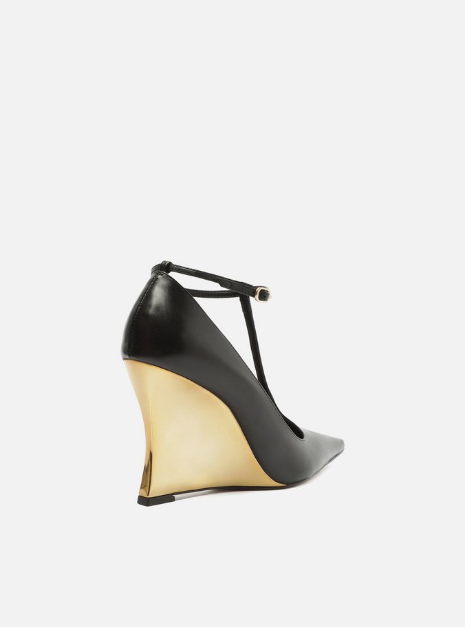 Scarpin Preto Couro Salto Anabela Dourado Tira
