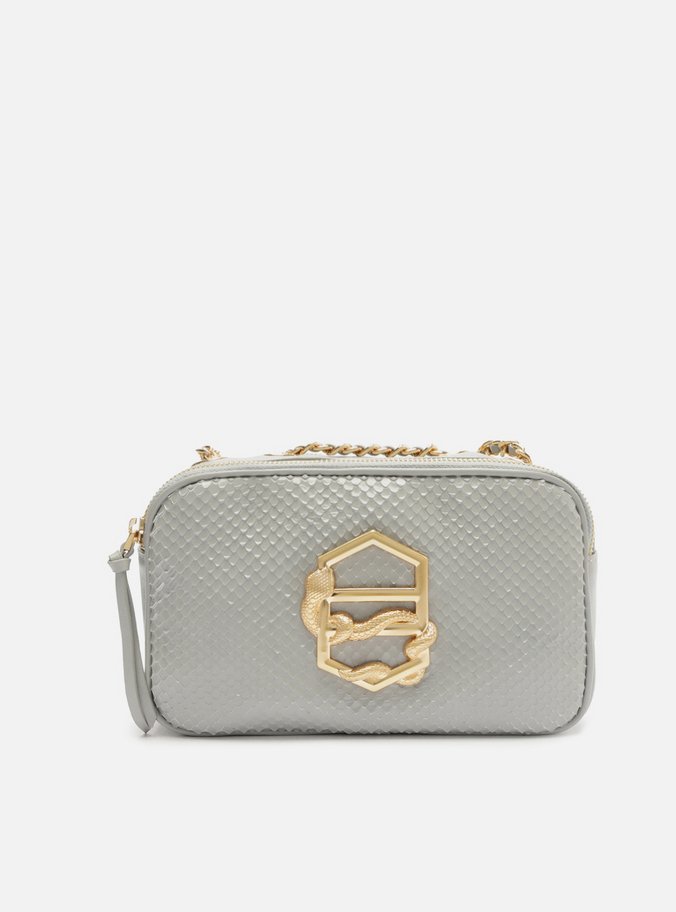 Bolsa Tiracolo Cinza Couro Snake Pequena Zíper