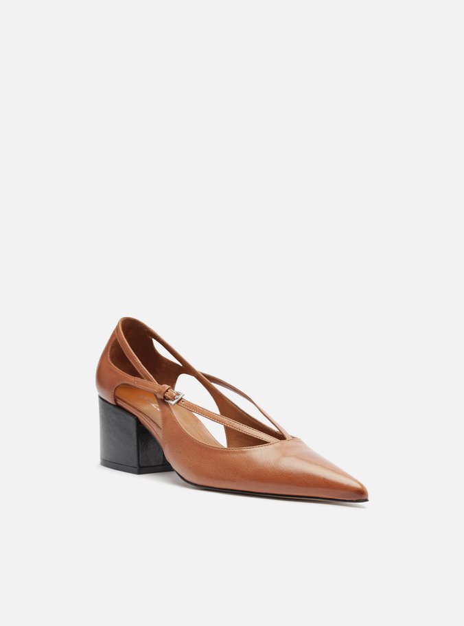 Scarpin Caramelo Couro Bloco Semi Aberto Tiras