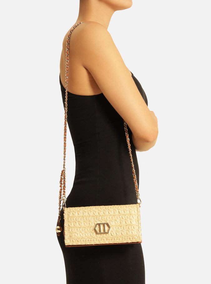 Clutch Bege Palha Pequena Trama Corrente