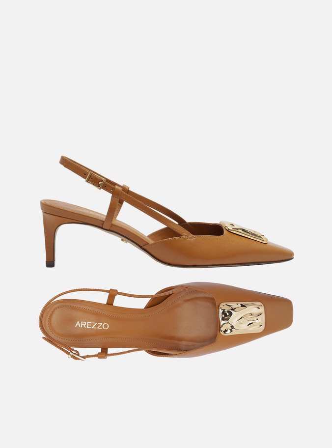 Scarpin Marrom Couro Salto Baixo Slingback Metal