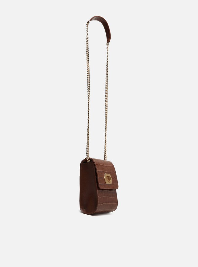 Mini Bag Marrom Couro Croco Porta-Celular