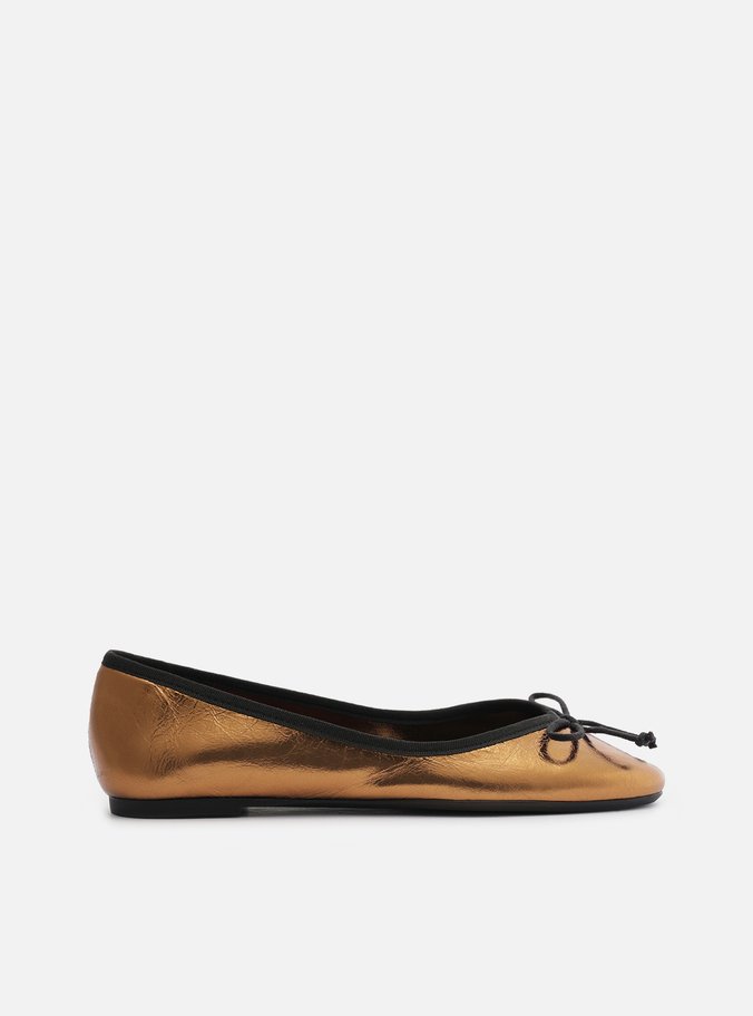 Sapatilha Bronze Couro Shiny Bico Redondo Laço