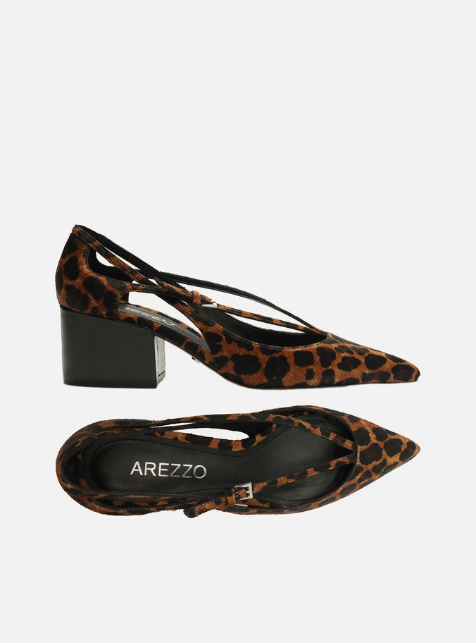 Scarpin Animal Print Couro Bloco Semi Aberto Tiras