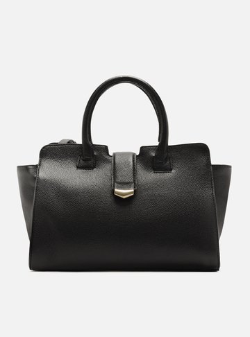 Bolsa Tote Preta Couro Grande Lapela Metal