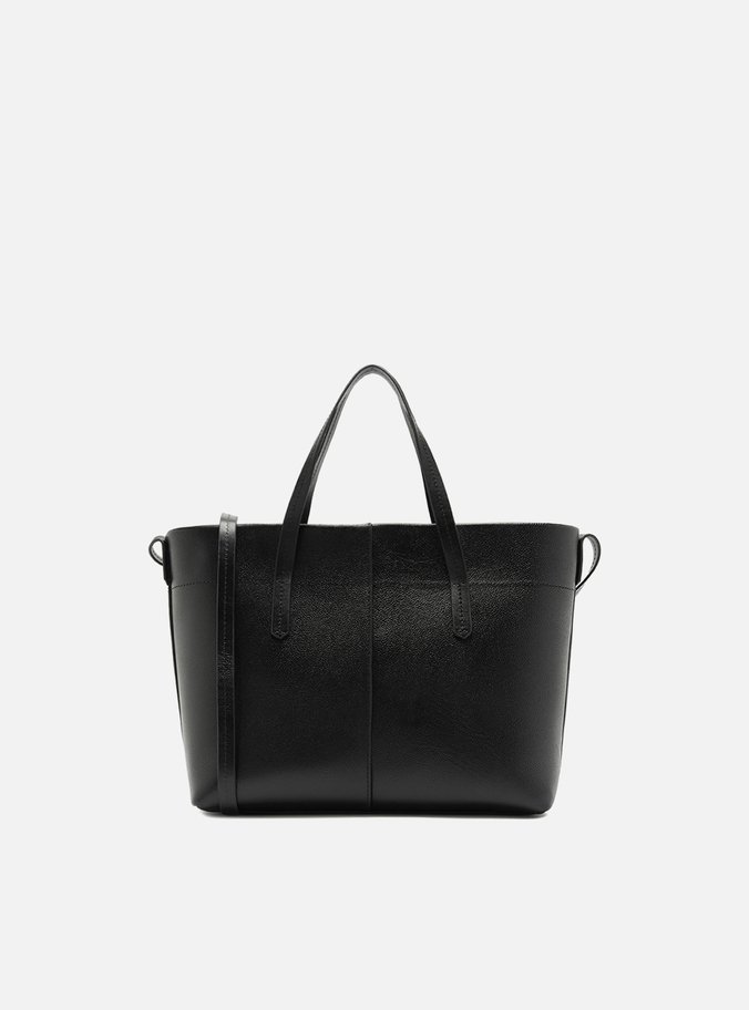Bolsa Tote Preta Couro Média Bolso Frontal
