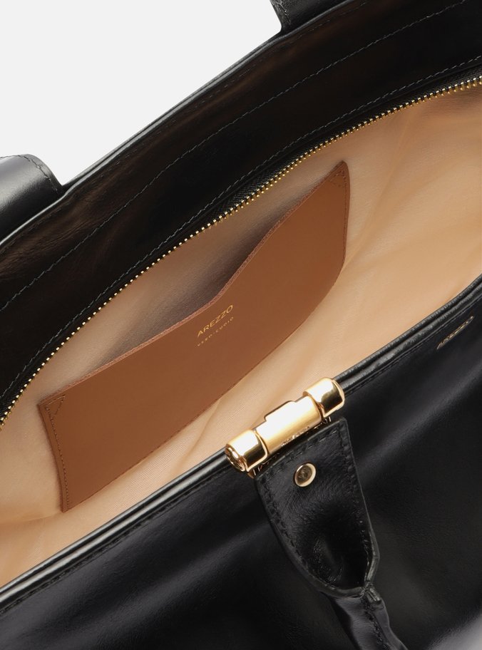 Bolsa Tote Preta Couro Natural Grande Metais