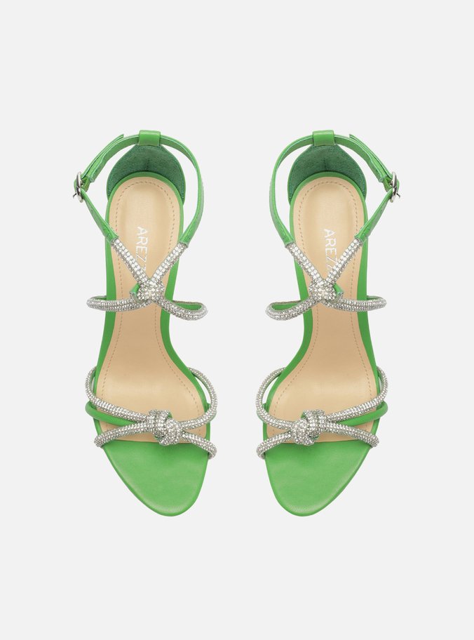Sandália Verde Salto Alto Fino Tiras Strass