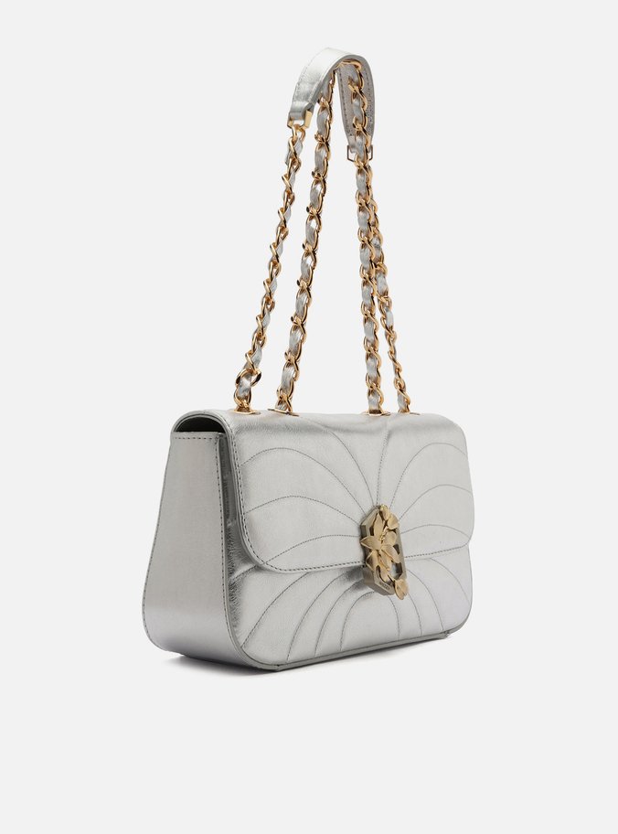 Bolsa Tiracolo Prata Couro Média Metal Flor