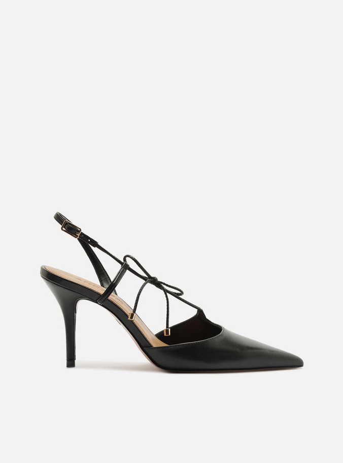 Scarpin Preto Couro Slingback Salto Fino Lacinho