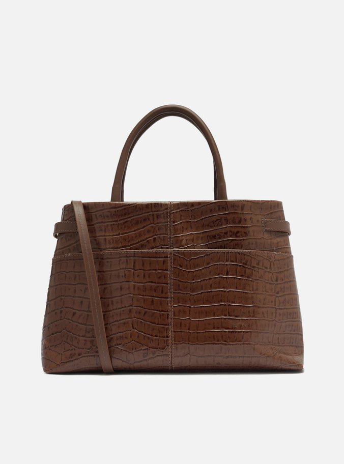 Bolsa Tote Marrom Couro Croco Grande Fivelas