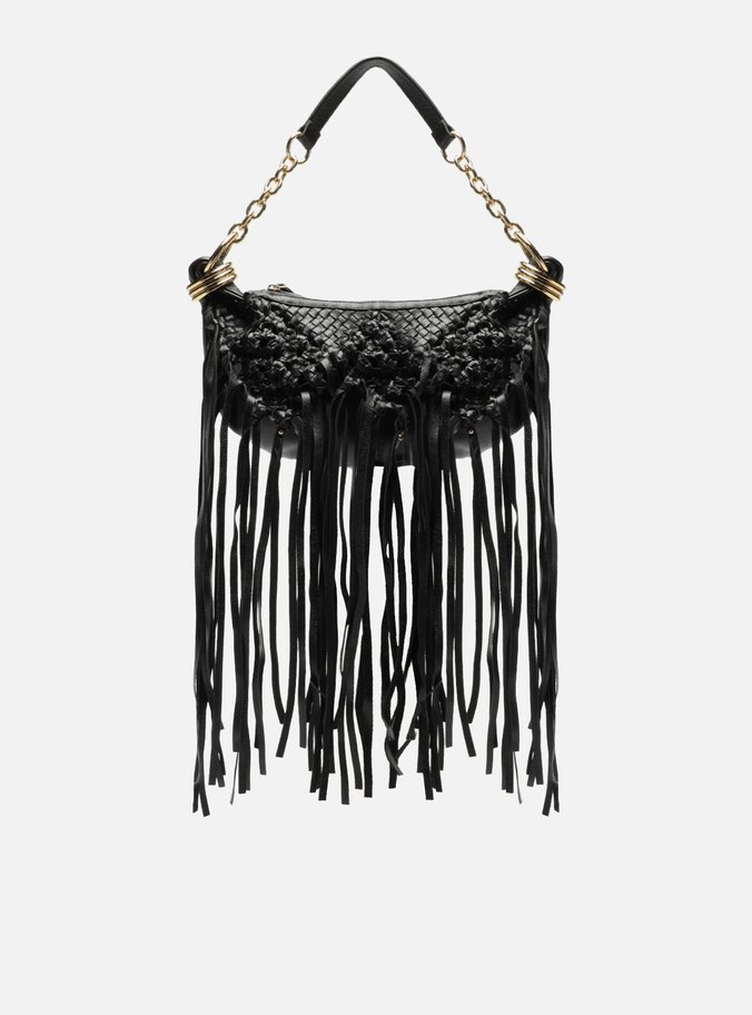 Bolsa Hobo Preta Couro Média Tressê Franjas