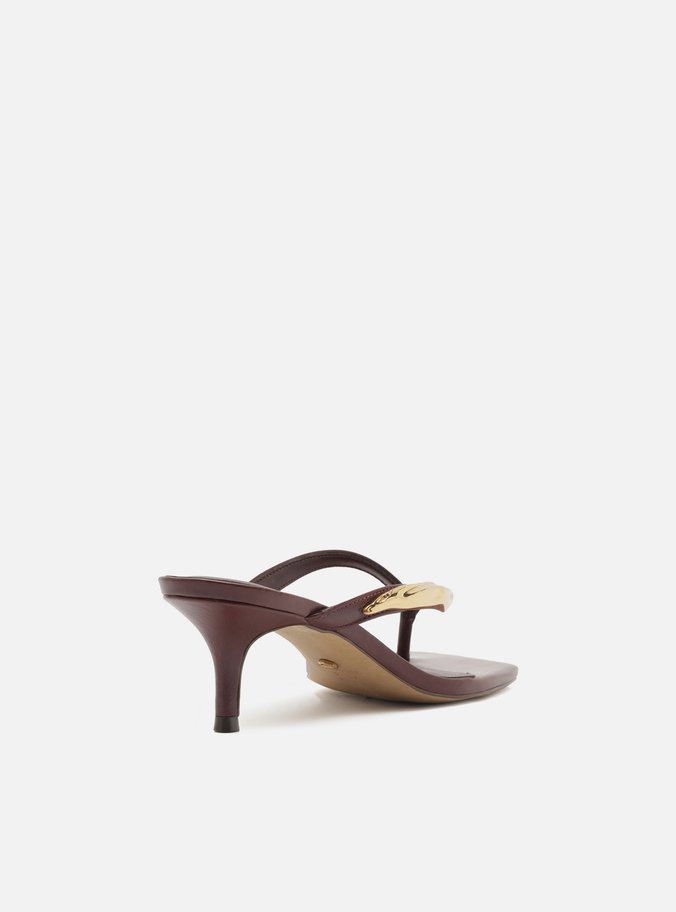 Tamanco Vinho Couro Salto Fino Flip Flop Metal