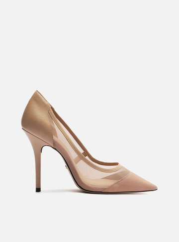 Scarpin Bege Tela Salto Fino Detalhe Couro