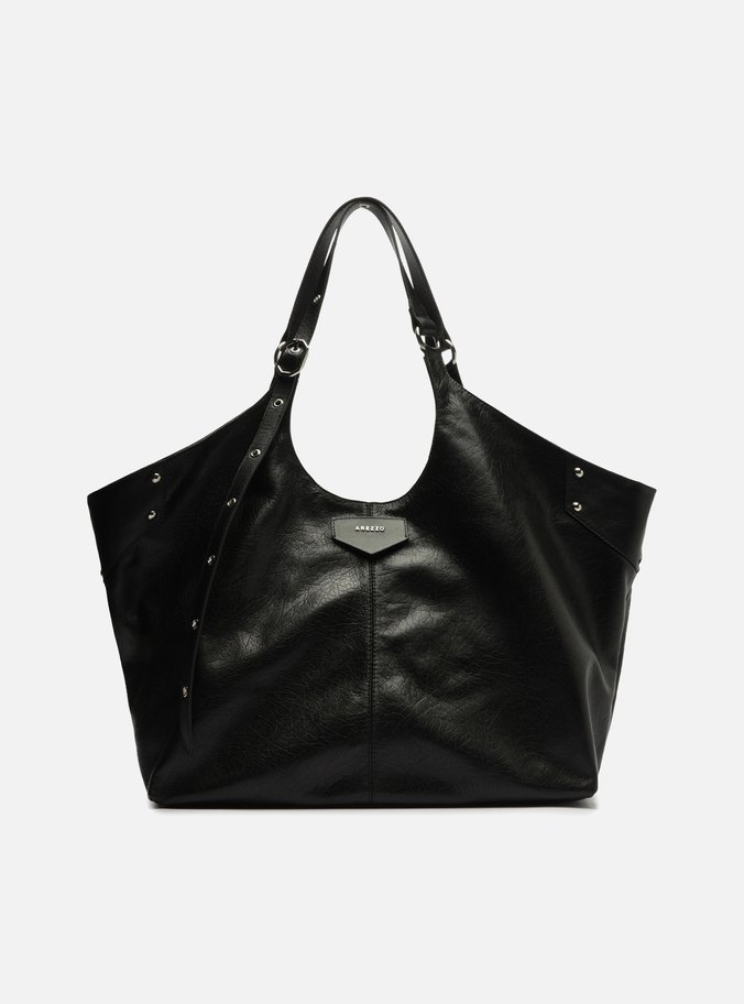 Bolsa Shopping Preta Couro Grande Rebites