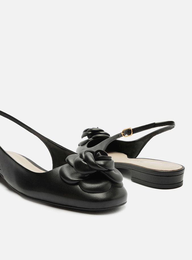 Sapatilha Preta Couro Slingback Flor
