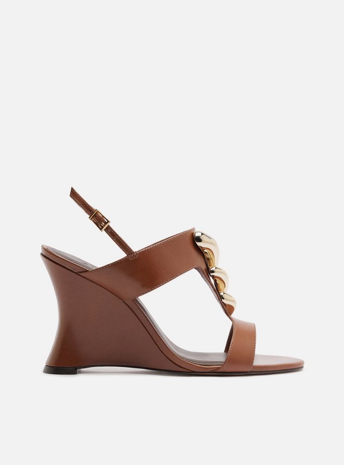 Sandália Anabela Marrom Couro Metal