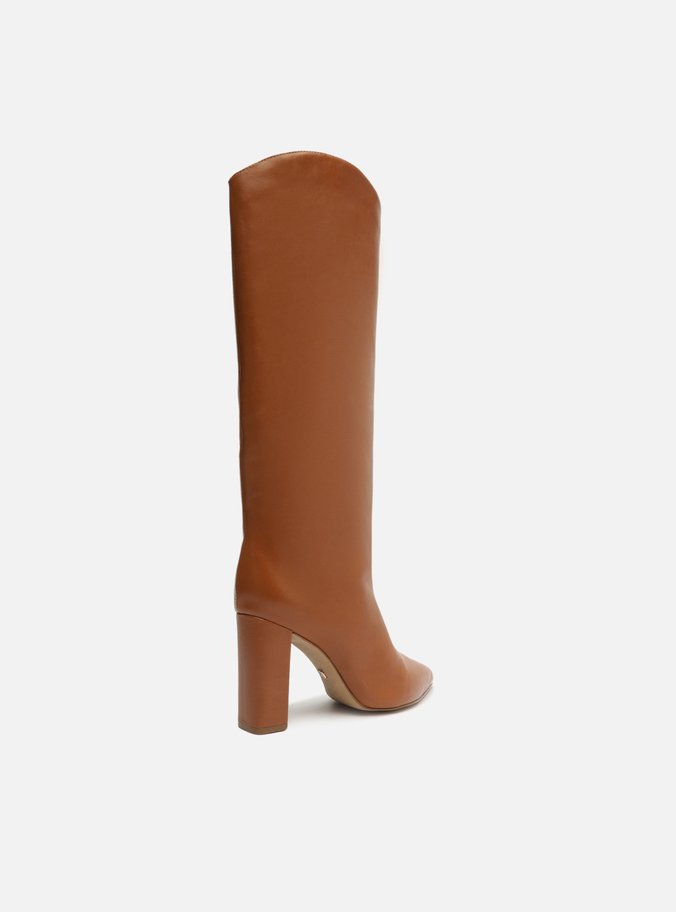 Bota Marrom Couro Cano Longo Salto Alto