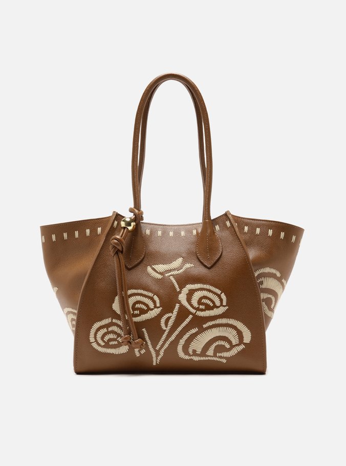 Bolsa Shopping Marrom Couro Grande Bordado Flores