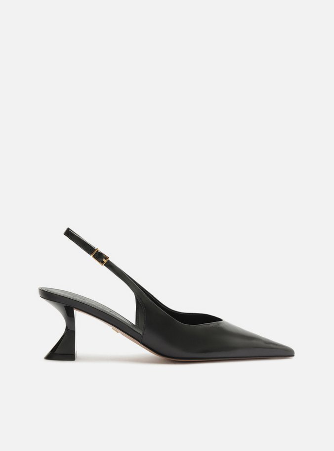 Scarpin Preto Couro Salto Geométrico Slingback