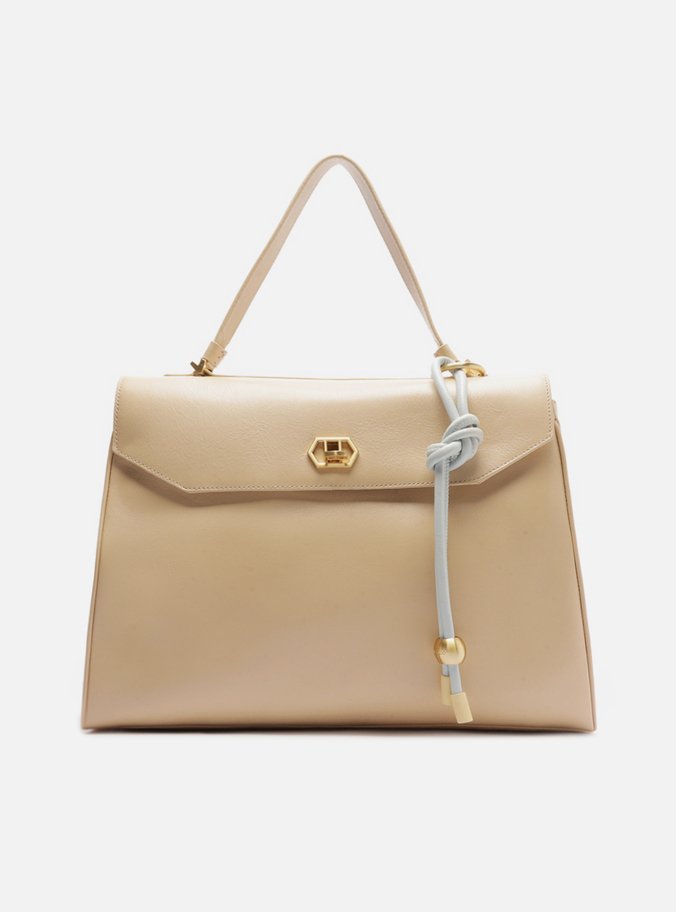 Bolsa Satchel Bege Couro Grande Bag Charm Nó