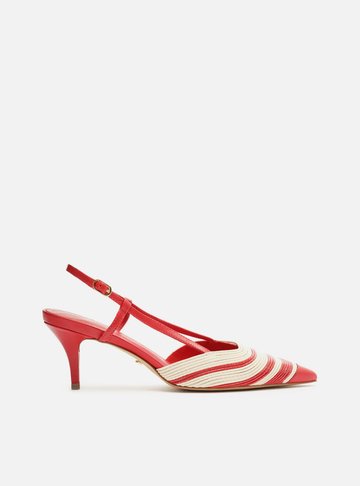 Scarpin Vermelho Couro Salto Baixo Slingback Bicolor