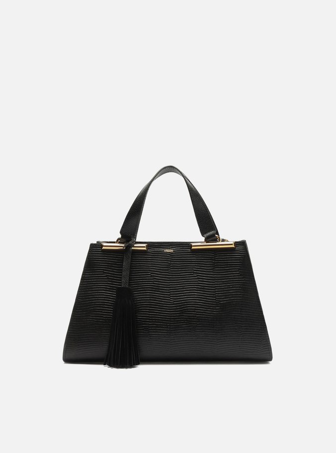 Bolsa Tote Preta Couro Média Croco Franja